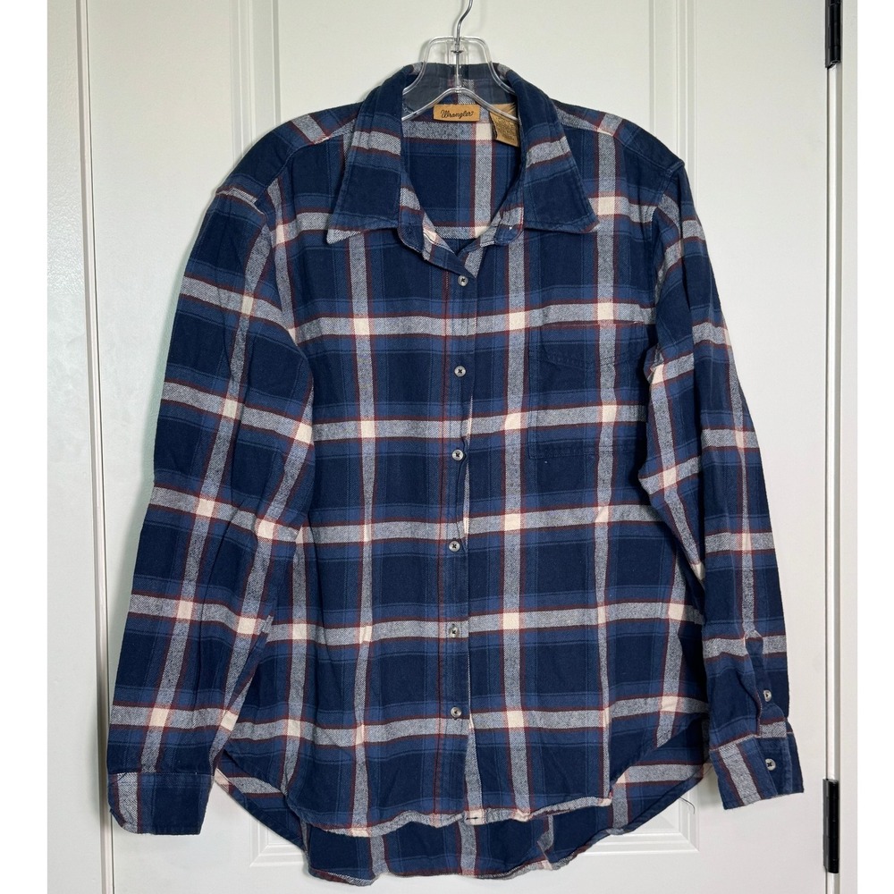 Wrangler Mens Flannel Shirt L/G‎ Blue Plaid Long Sleeve Button Up Cotton